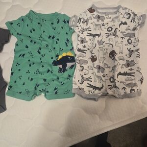 Carter's Green Dinosaur & White Animal Print Short Sleeve Baby One-Pieces